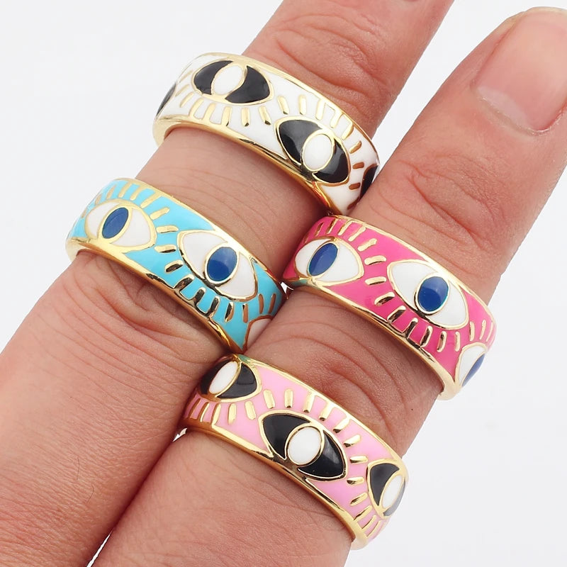 Säädettävä emalisormus sinisillä silmäkuvioilla, kulta ja valkoinen