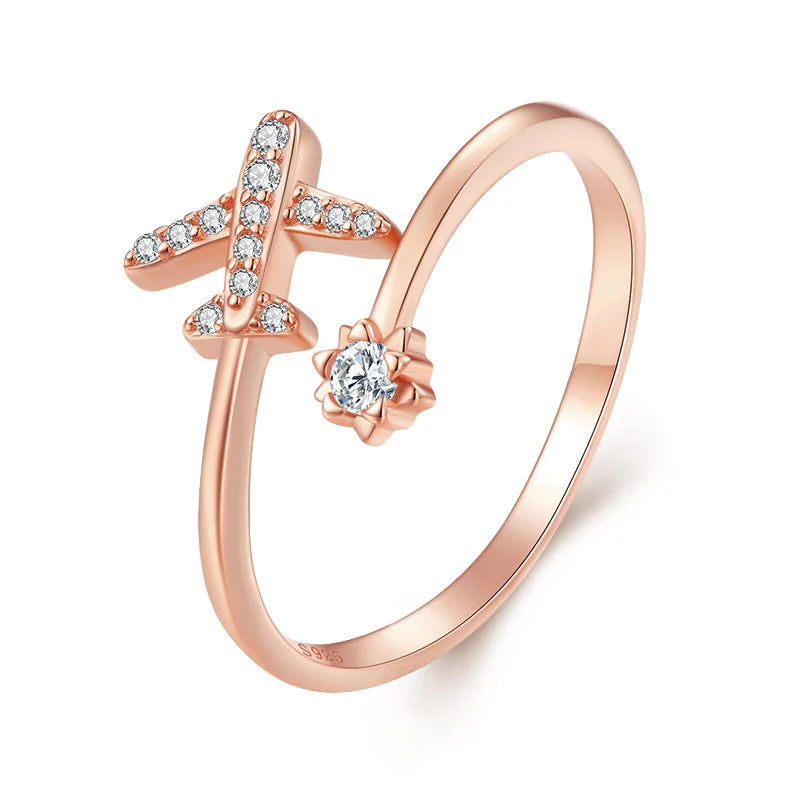 Aidolla hopealla valmistettu lentokoneen sormus naisille ruusukulta