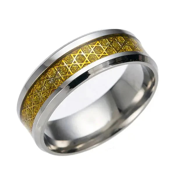 Leveä sormus miehille, jossa kultainen <span data-glossary-id="etoiles de David">Daavidin tähti</span>, juutalainen symboli