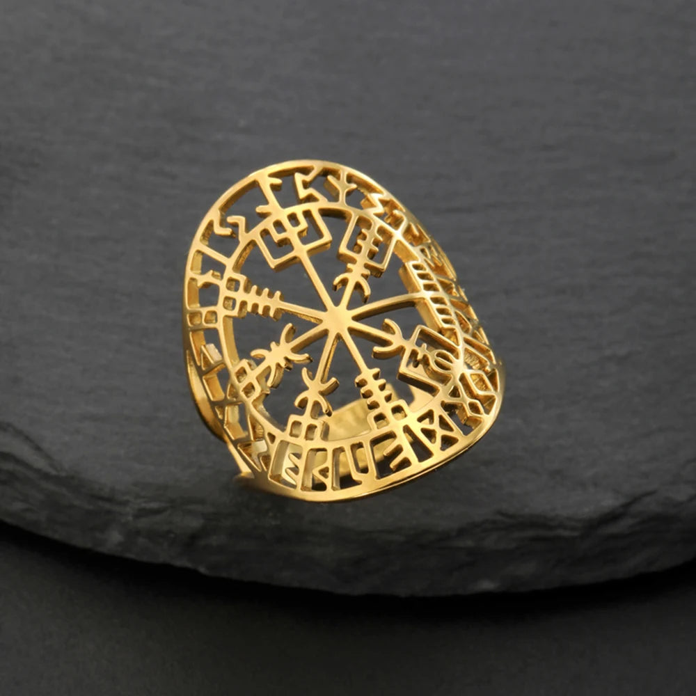 Vegvisir-sormus Viikinkien riimukompassi kulta