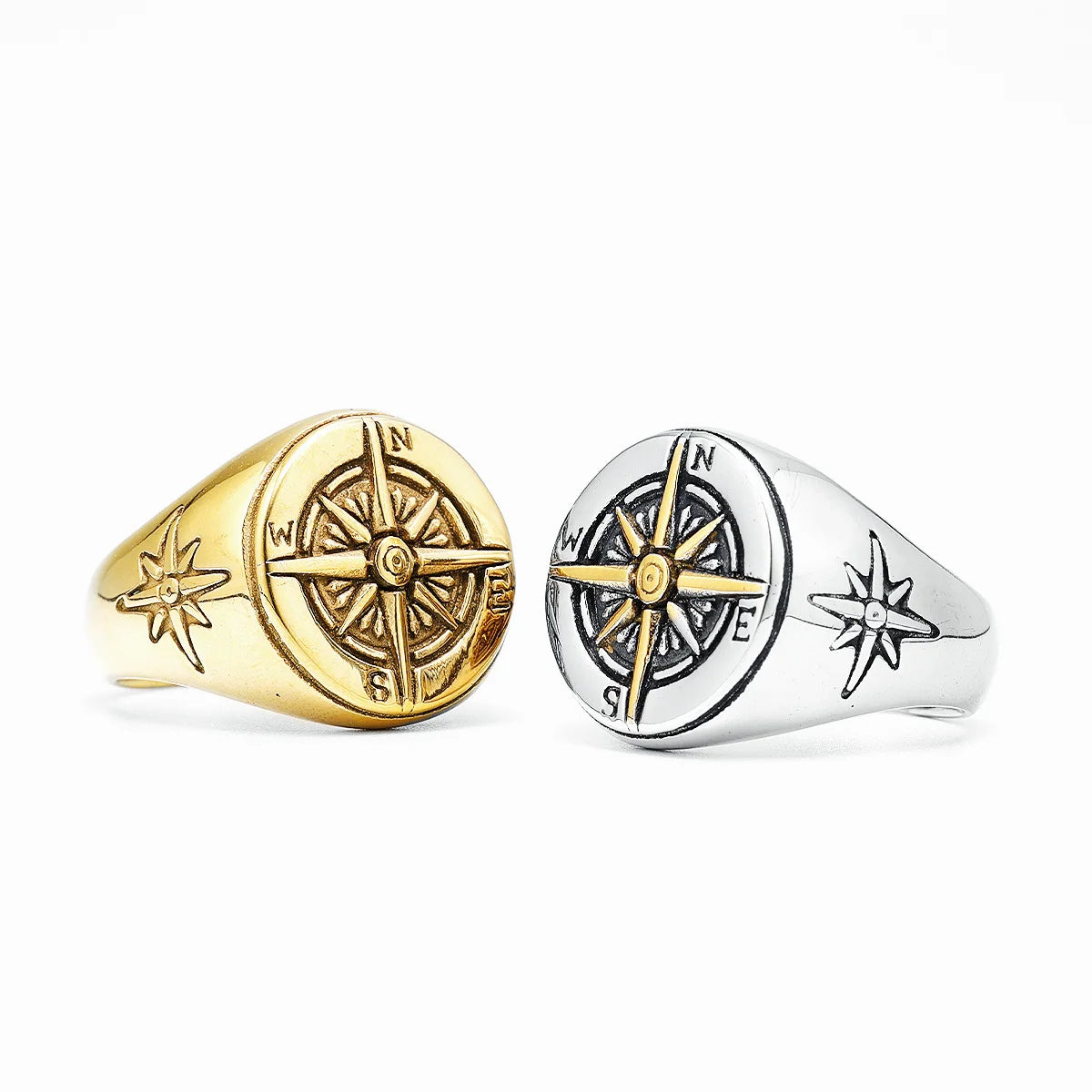 Vintage-miesten kompassiruususormus hopea ja kulta