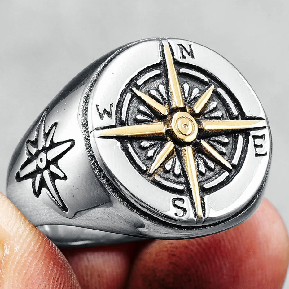 Vintage-miesten kompassiruususormus hopea ja kulta