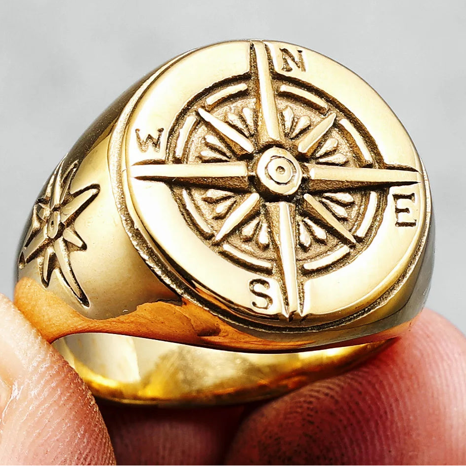 Vintage-miesten kompassiruususormus kulta