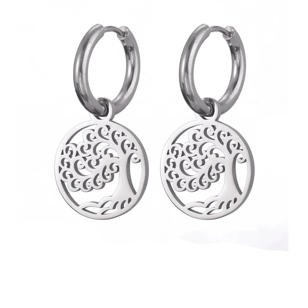 Hopeiset roikkuvat elämänpuu-renkaat korvakorut