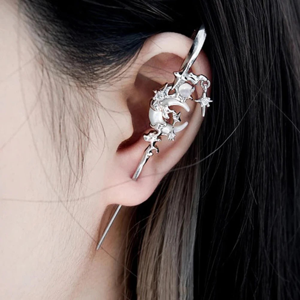 Boucles d'oreilles "Ear Cuff" croissant de lune et étoiles argent