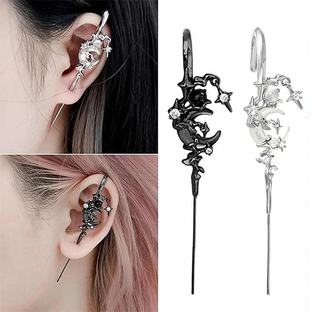 Boucles d'oreilles "Ear Cuff" croissant de lune et étoiles noir