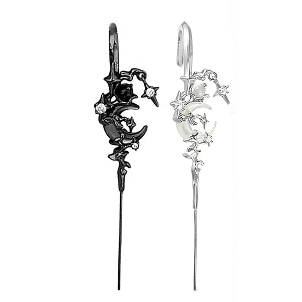 Boucles d'oreilles "Ear Cuff" croissant de lune et étoiles noir et argent