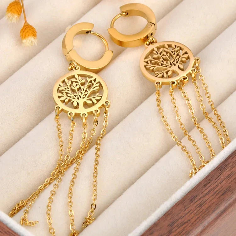 Riipuvat korvakorut elämän puulla kulta