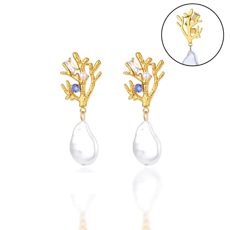 Koralliset roikkuvat korvakorut helmellä ja sinisellä zirkonilla