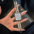Korvaava ranneke Apple Watchille, jossa on strasseja ja hopeisia helmiä