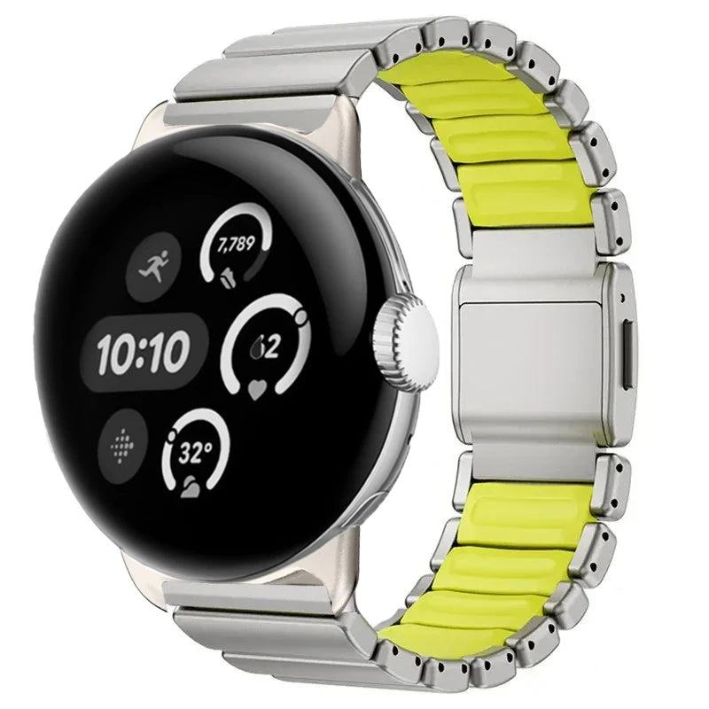 Ruostumattomasta teräksestä valmistettu harmaa-omenanvihreä ranneke Google Pixel Watch 3, 4, 45mm:lle