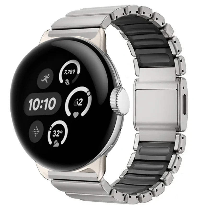 Ruostumattomasta teräksestä valmistettu hopean- ja mustanvärinen ranneke Google Pixel Watch 3, 4, 45mm:lle