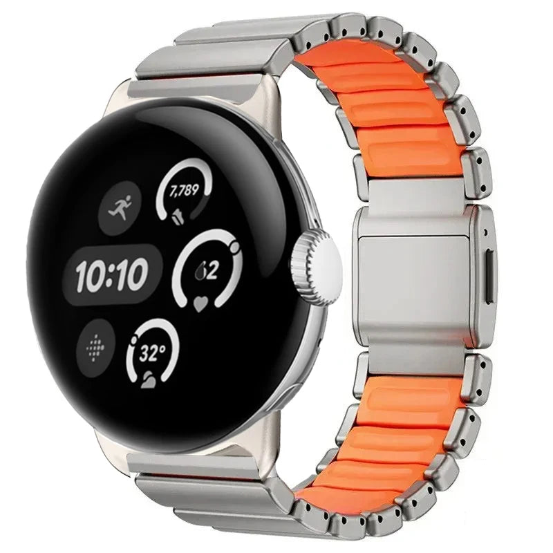 Ruostumattomasta teräksestä valmistettu hopean- ja oranssinvärinen ranneke Google Pixel Watch 3, 4, 45mm:lle