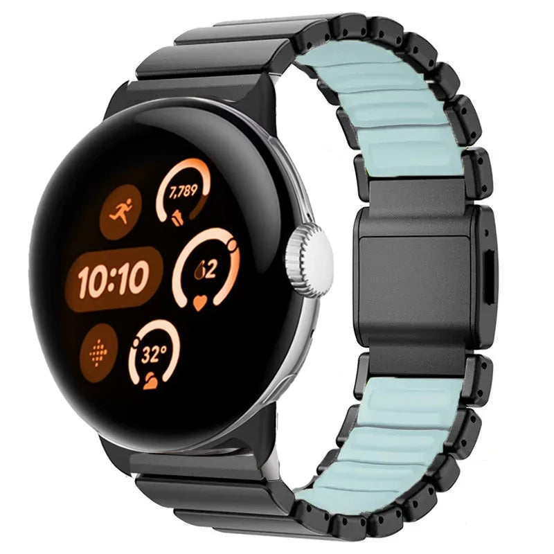 Ruostumattomasta teräksestä valmistettu musta-sininen ranneke Google Pixel Watch 3, 4, 45mm:lle
