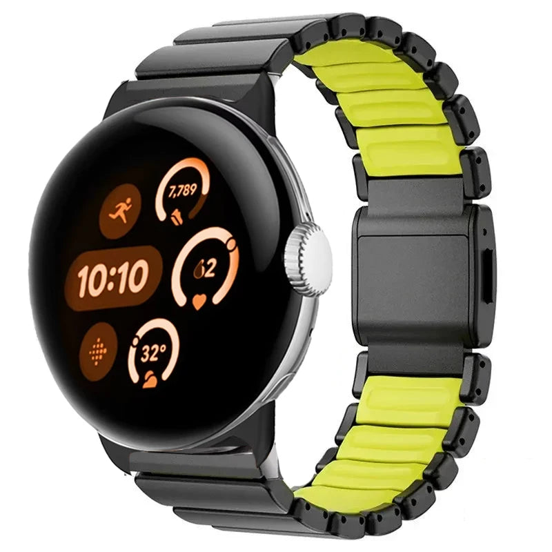 Ruostumattomasta teräksestä valmistettu musta-keltainen ranneke Google Pixel Watch 3, 4, 45mm:lle