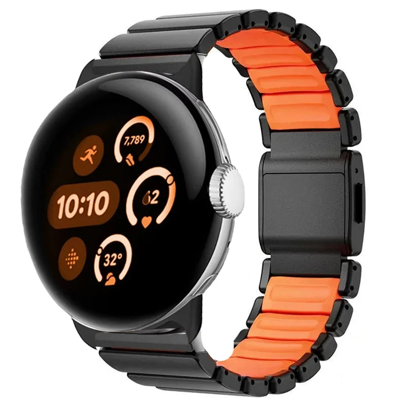 Ruostumattomasta teräksestä valmistettu musta-oranssi ranneke Google Pixel Watch 3, 4, 45mm:lle