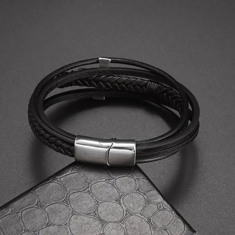 Egyptiläinen punottu nahkarannekoru Ankh-ristillä hopea