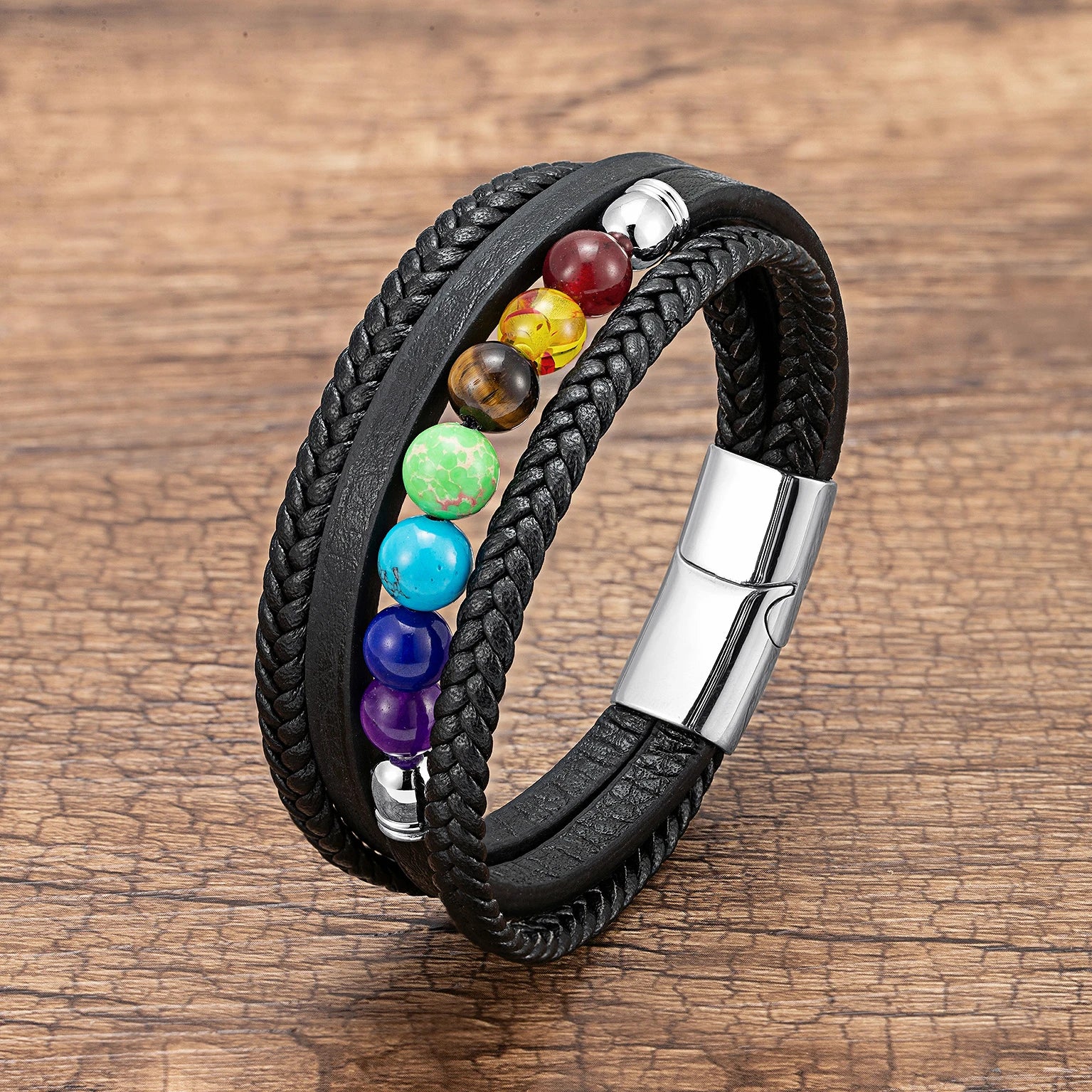 Miesten nahkarannekoru 7 chakraa hopea