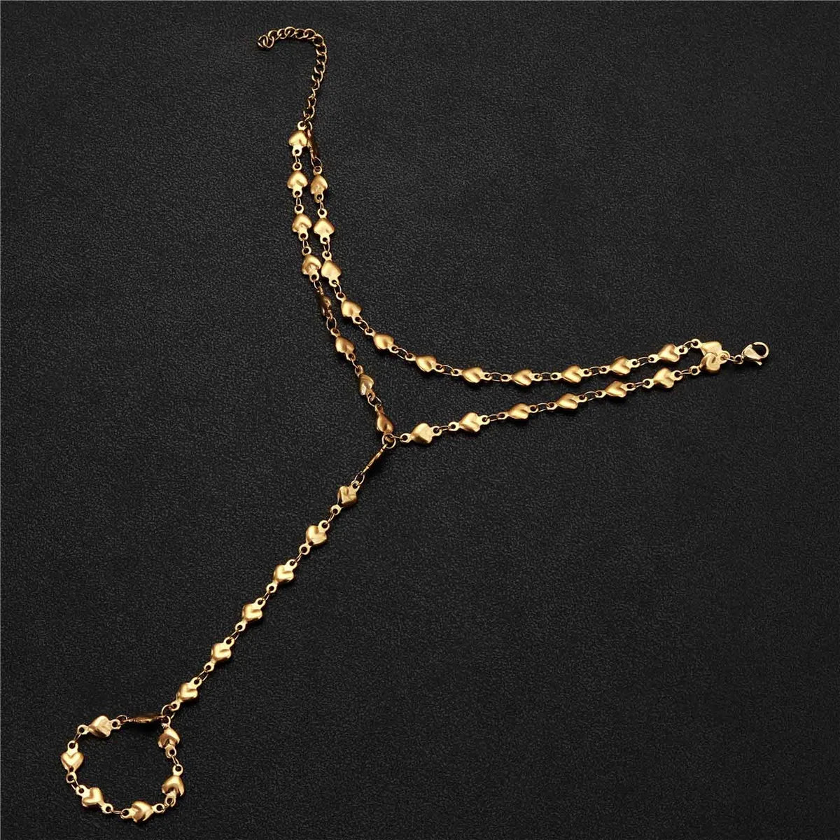 Sydänkäsi- ja sormiketju - naisten keltakultainen käsirannekoru