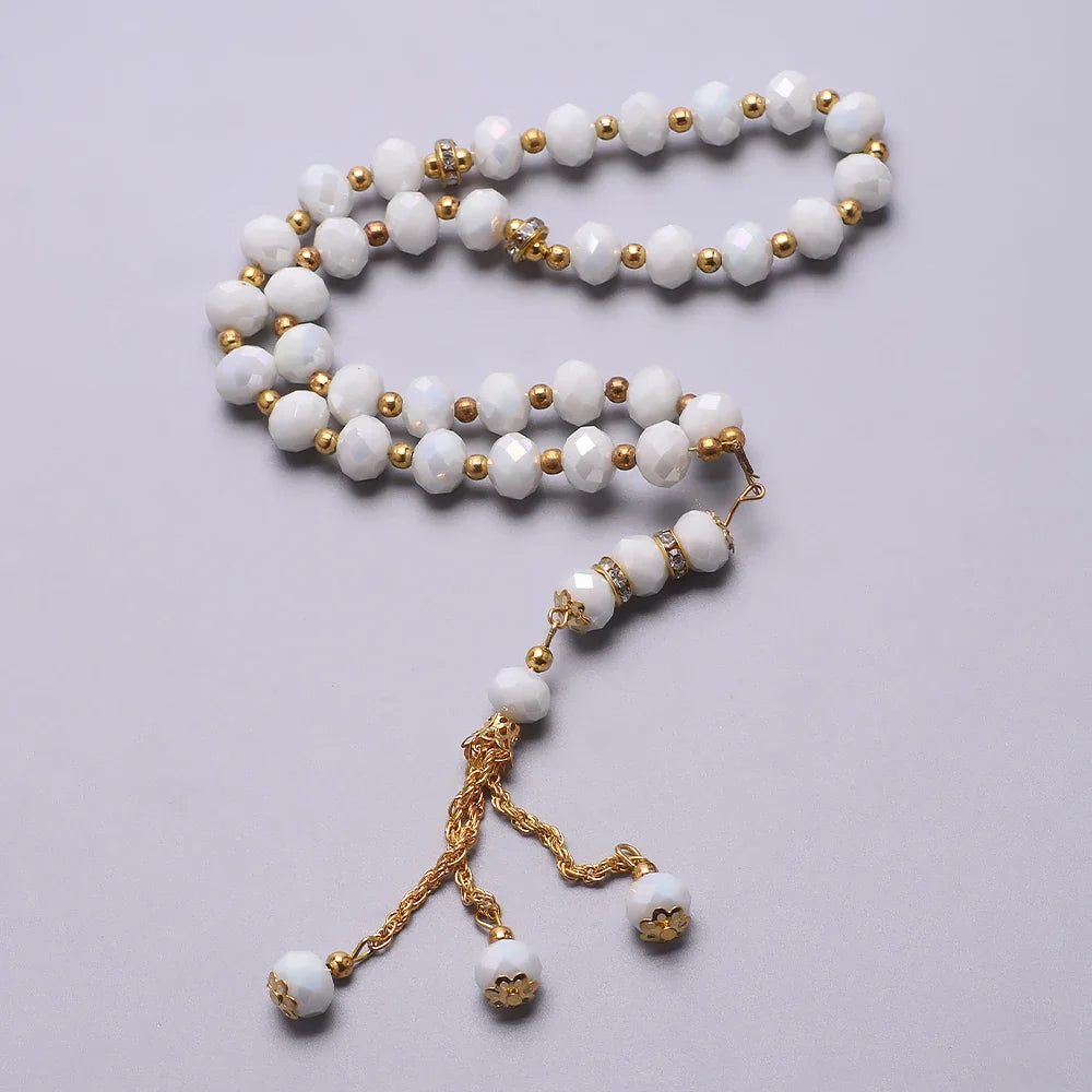 Elegantti muslimirukousnauha - Islamilainen Tasbih 33 valkoista ja kullanväristä helmeä