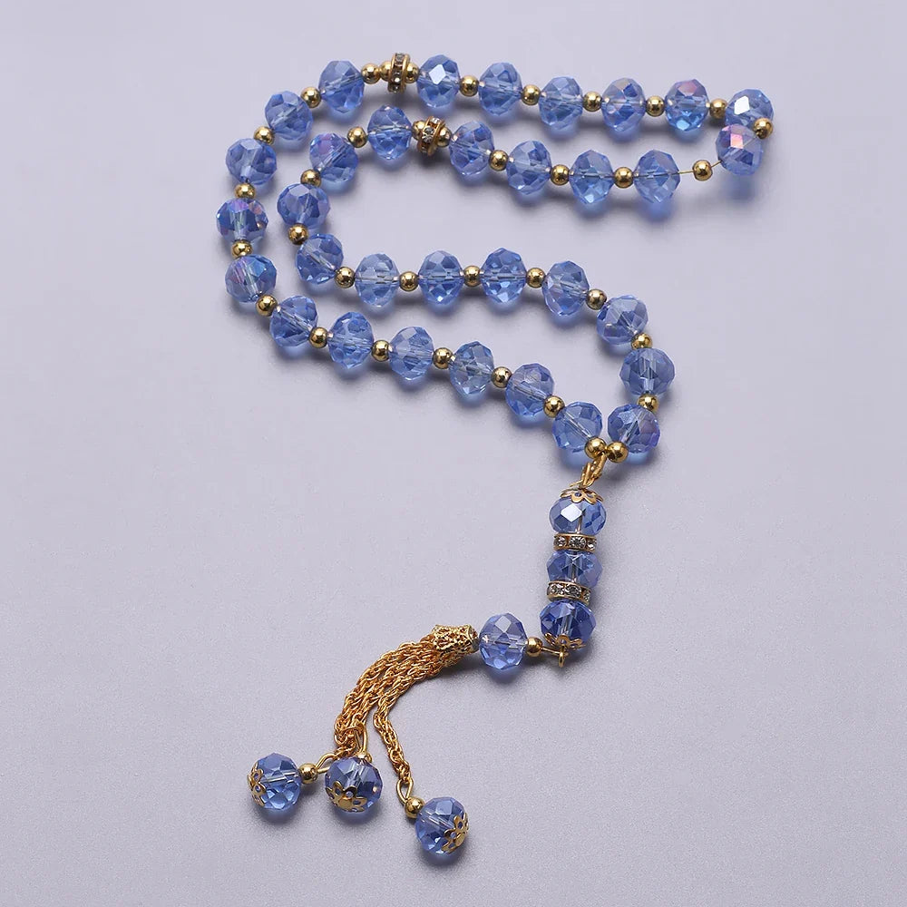 Elegantti muslimirukousnauha - Islamilainen Tasbih 33 sinistä ja kullanväristä helmeä