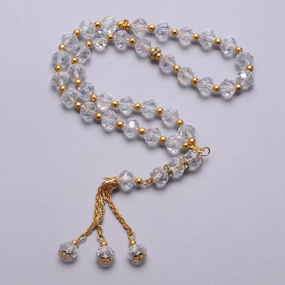 Elegantti muslimirukousnauha - Islamilainen Tasbih 33 kristallin ja kullanväristä helmeä