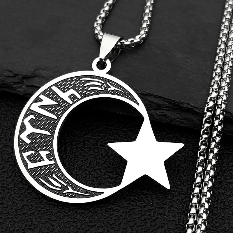 Miesten kaulakoru "türk" hopeiset göktürk-runeilla: kuunsirppi ja tähti