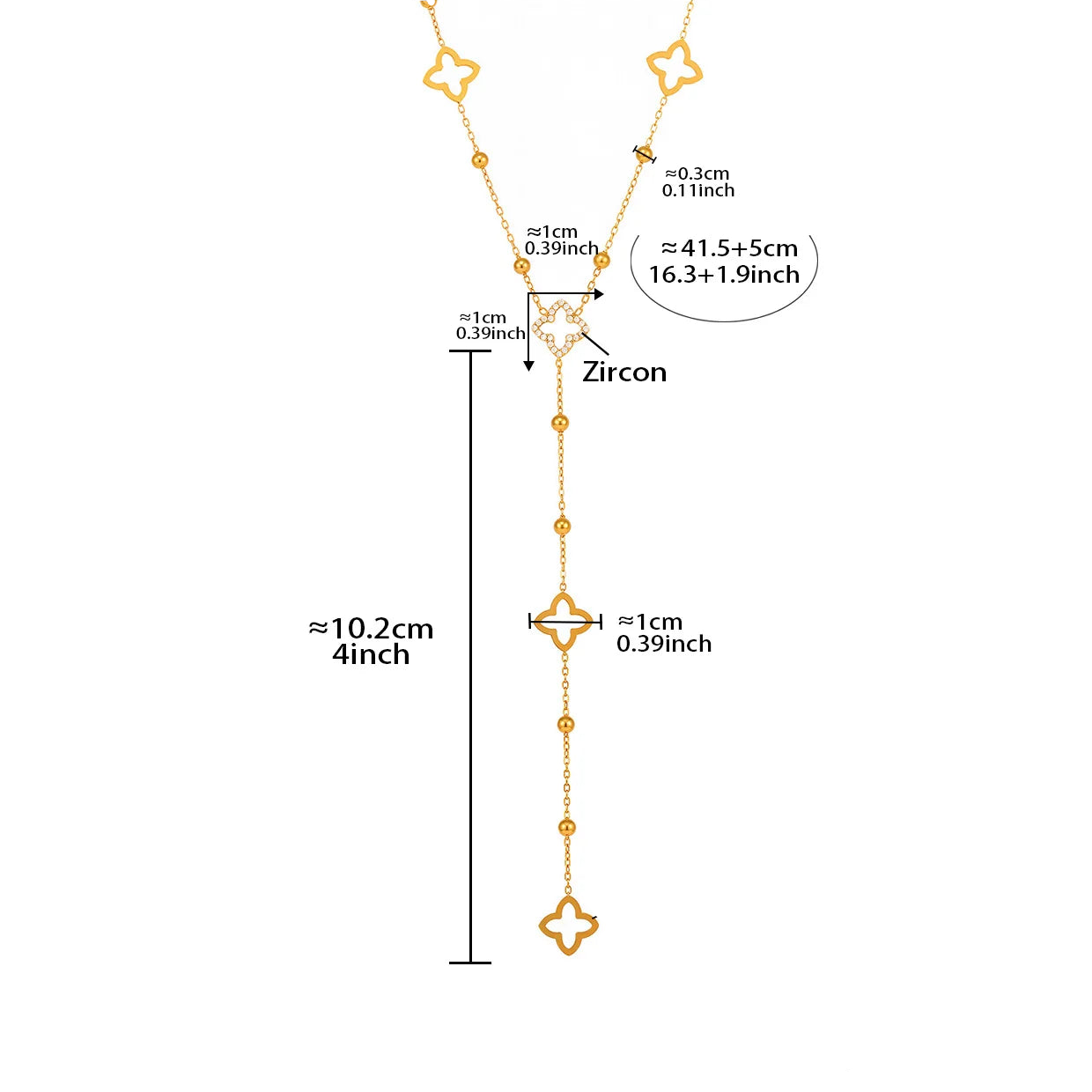 Pitkä kaulakoru, jossa nelilehtinen apila ja zirkoni 