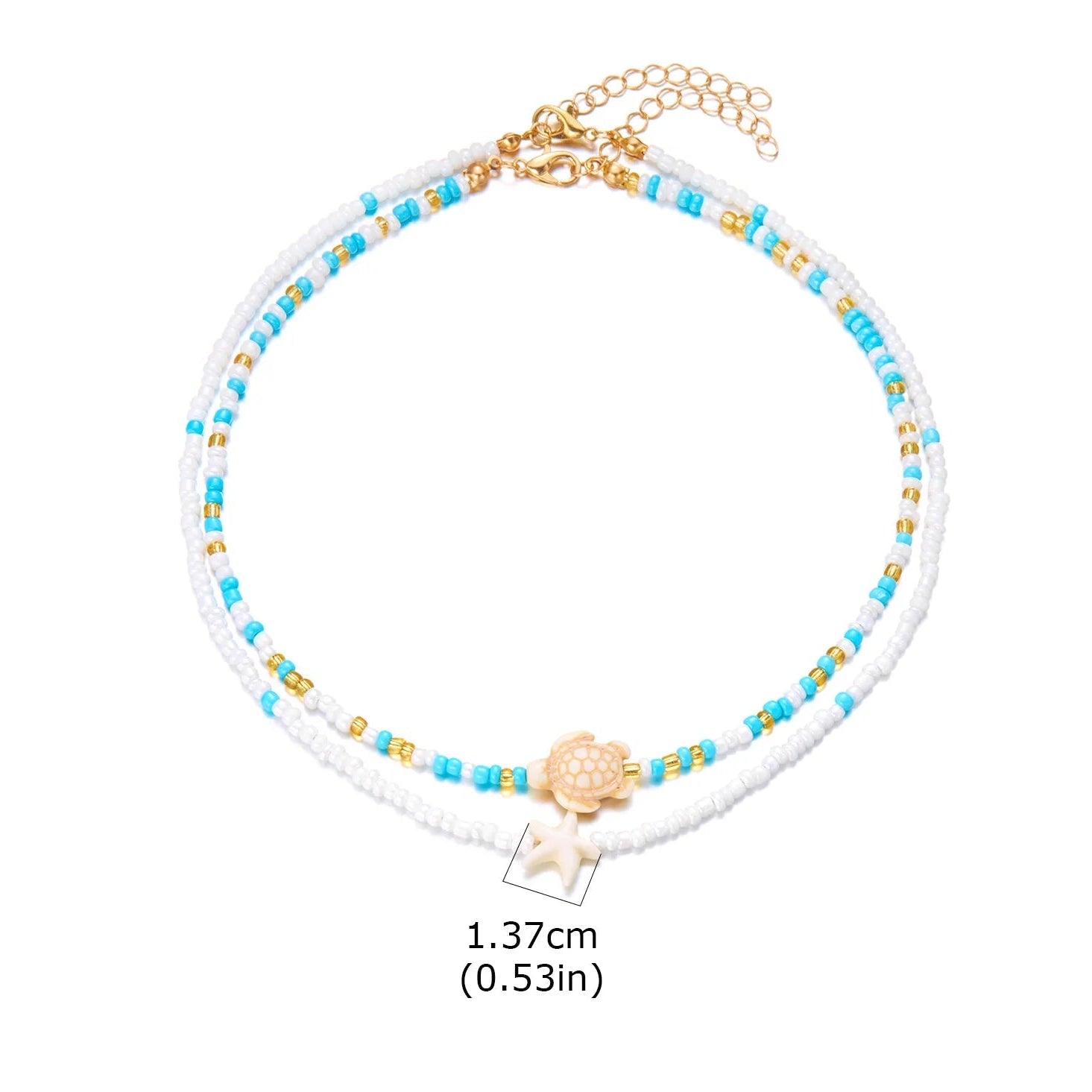 Kaksinkertainen kaulakoru, simpukoita ja värillisiä helmiä