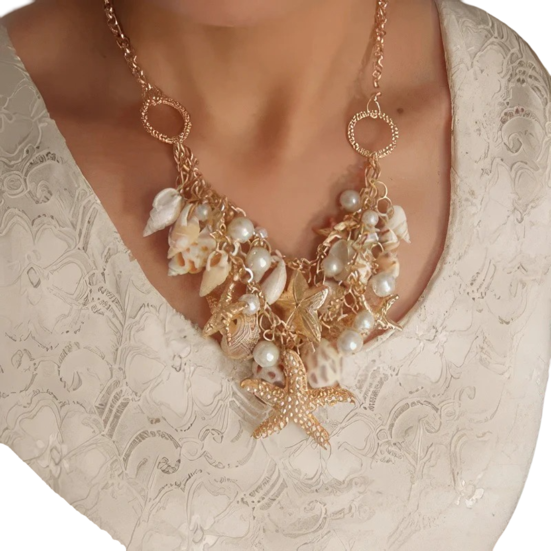 Iso simpukkariipus kaulakoru meritähtiä, kotiloita ja helmiä 