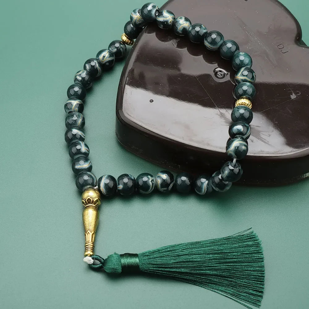 Tasbih Long 33 mustaa helmeä - vihreä muslimirukousnauha