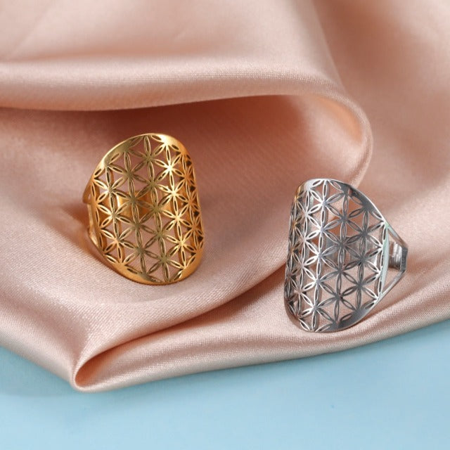 Sormus Elämän Kukka Dawapara Mandala kulta ja hopea