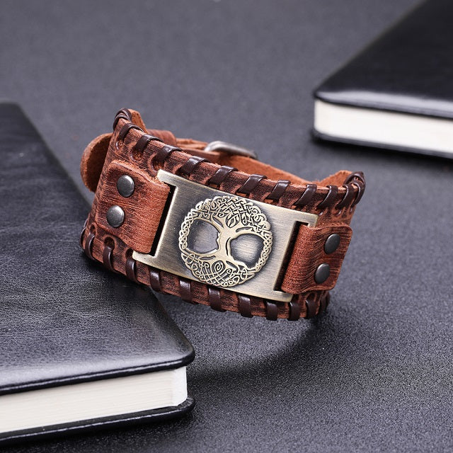 Elämänpuu-rannekoru miehille ruskea ja kultainen