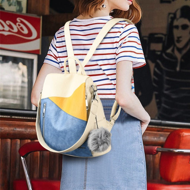 Naisten nahkainen reppu, kolmivärinen sininen olkahihna 