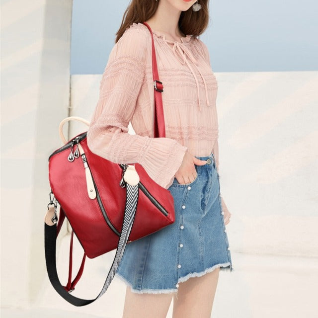 Nahkainen reppu naisten olkalaukku, punainen 